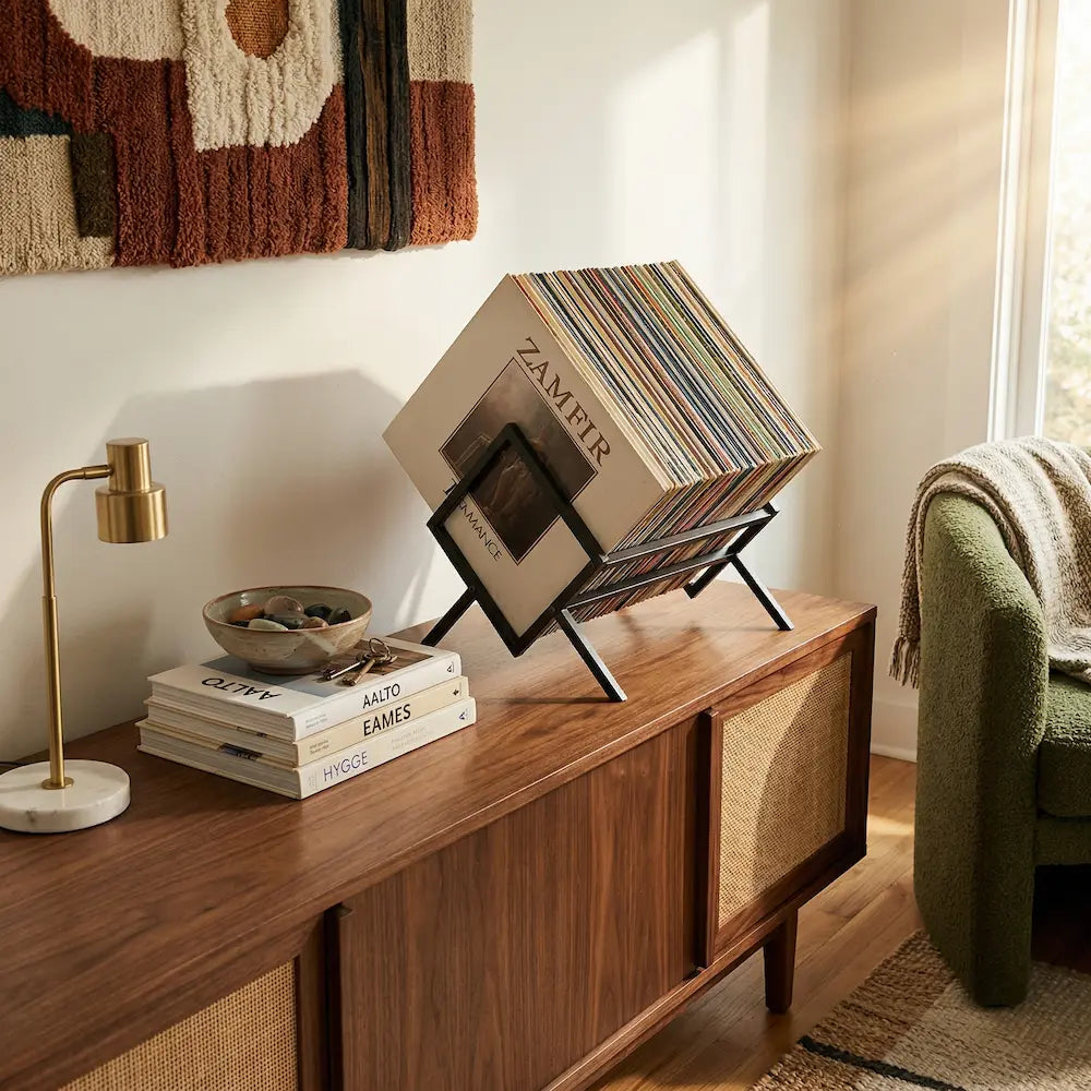 rangement pour vinyles en métal dans salon vintage sur commode
