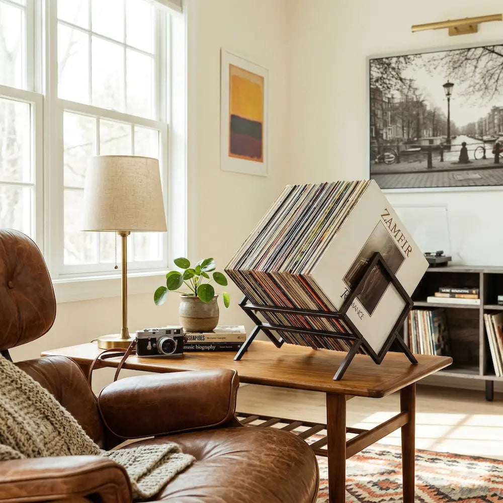 rangement pour vinyles en métal dans salon sur table